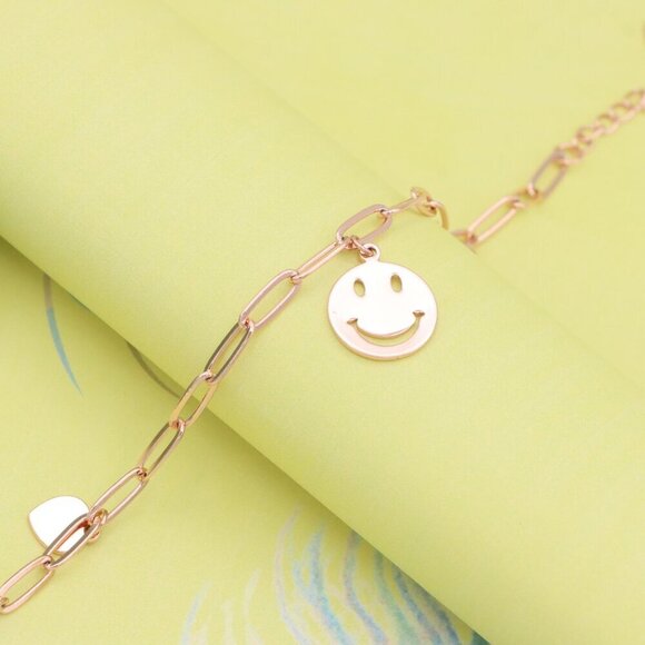 "Rose Gold Smiley Charm Bracelet with Heart Dangles, XPBL1149 - Picture 6 of 12